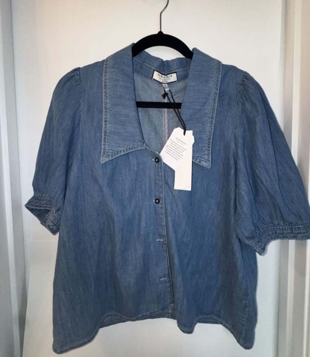 Bagatelle Denim Sailor Blouse with Puff Sleeves